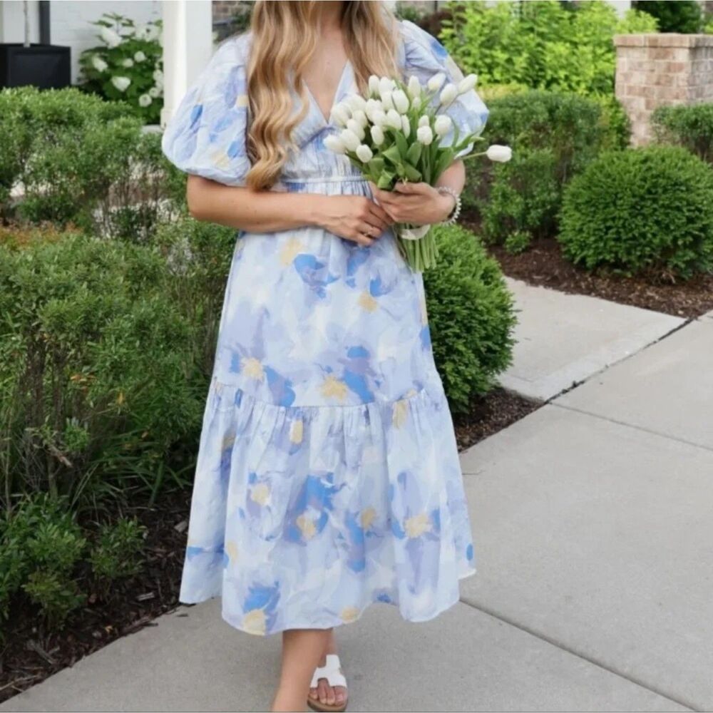 Jessica Simpson Blue and Yellow Floral Midi Dress | Size S